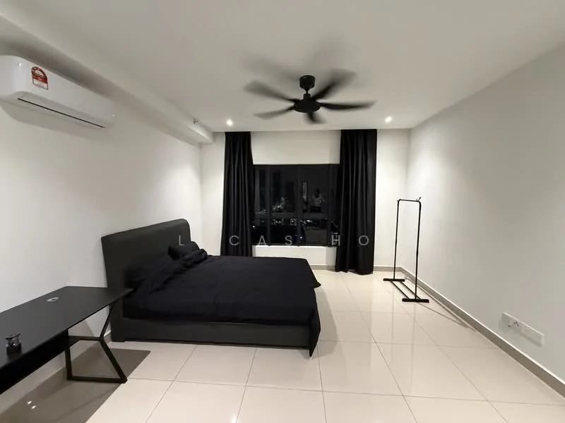 Bedroom features: king-size bed with black bedding, black upholstered headboard, 2 bedside tables, black side table, floor-to-ceiling windows, black curtains, white painted walls, glossy tile flooring, 5-blade ceiling fan with light, wall-mounted split AC; style: modern; view: city.
