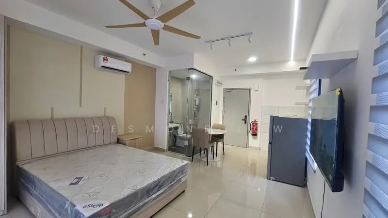 Room features: cream painted walls, glossy tile flooring, 5-blade ceiling fan with light, wall-mounted split AC, built-in wardrobe, queen-size bed, glass shower enclosure, toilet, sink with faucet, dining table for two, refrigerator, wall-mounted TV, window with blinds; style: modern.