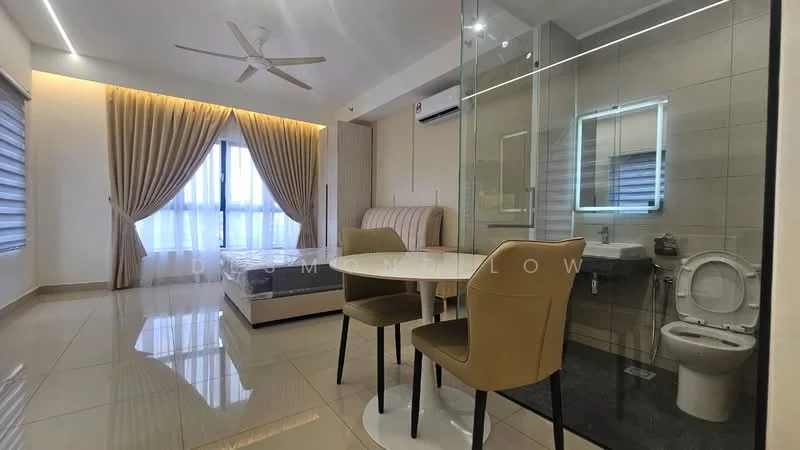 Living features: floor-to-ceiling windows, sheer curtains, dropped ceiling with LED lighting, 5-blade ceiling fan, dining table with 2 chairs, light-colored walls, glossy tile flooring, wall-mounted air conditioning unit; style: modern; view: city. Bathroom features: one-piece toilet, sink with chrome faucet, glass shower enclosure, tile cladding, mirror with backlighting; style: modern.