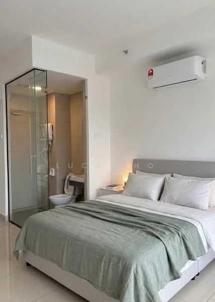 Bedroom features: king-size bed with grey upholstered headboard, white bedding with decorative pillows, bedside lamp, wall-mounted air conditioning unit, floor-to-ceiling glass shower enclosure, toilet, white tiled walls, light-colored tiled flooring; style: modern.