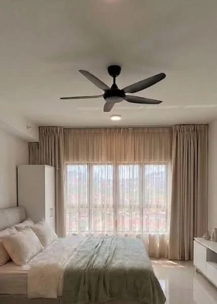 Bedroom features: king-size bed, upholstered headboard, 2 bedside lamps, floor-to-ceiling windows, sheer curtains, 5-blade ceiling fan, white painted walls, polished tile flooring, decorative wall art, built-in wardrobe, area rug with geometric pattern; style: modern; view: city.