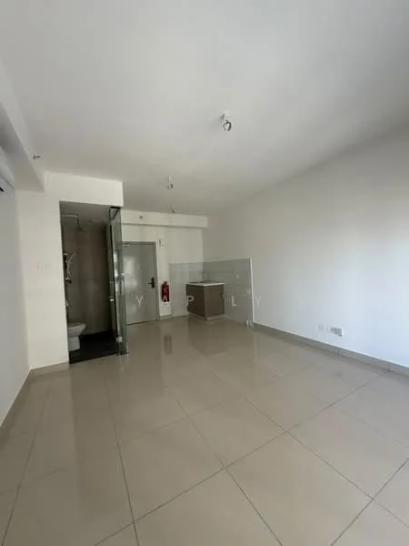 Room features: white painted walls, glossy ceramic tile flooring, recessed downlights, glass shower enclosure, modern kitchen cabinetry, open layout, fire extinguisher mounted on wall; style: modern.
