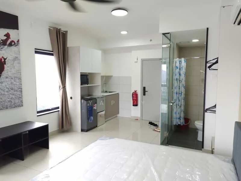 Room features: white painted walls, tile flooring, ceiling fan, recessed downlights, floor-to-ceiling window, blackout curtains, built-in kitchenette with cabinets, microwave, mini fridge, glass shower enclosure, toilet, shower with curtain, open shelving, TV console, mattress on bed frame; style: modern; view: city.