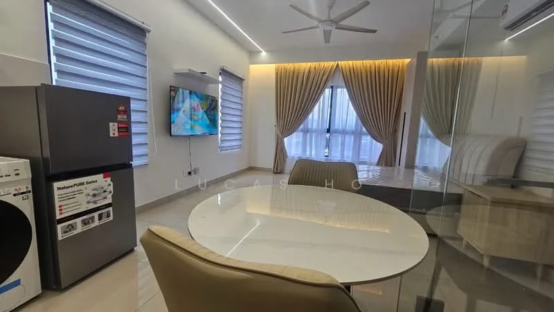 Living features: 3-blade ceiling fan, wall-mounted TV, grey sofa, round dining table, 4 upholstered dining chairs, refrigerator, washing machine, floor-to-ceiling windows with sheer curtains, light-colored walls, tile flooring, decorative wall lighting; style: modern.