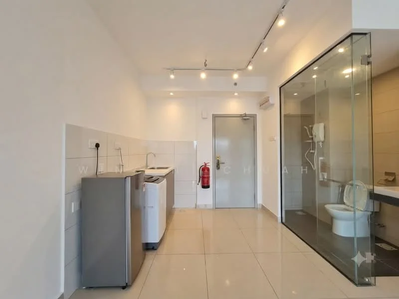 Laundry features: front-load washing machine, top-load washing machine, stainless-steel fridge, white tiled walls, grey tiled flooring, recessed LED downlights, glass shower enclosure, toilet, sink with faucet, fire extinguisher, door to hallway; style: modern.