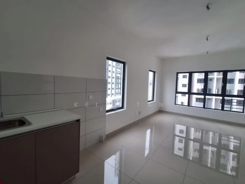 Kitchen features: white tiled walls, grey cabinetry, stainless-steel sink, single-bowl stainless-steel sink, white countertop, ceramic tile flooring, recessed downlights, floor-to-ceiling windows, view of courtyard; style: modern; view: courtyard. Living features: ceramic tile flooring, white painted walls, floor-to-ceiling windows, recessed downlights; style: modern; view: courtyard.
