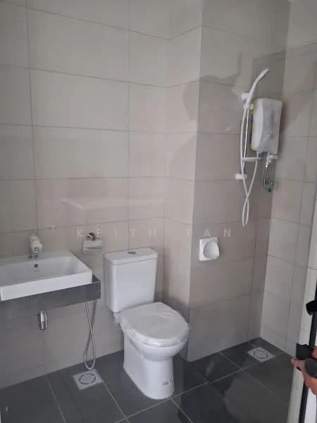 Bathroom features: white tiled walls, grey tiled flooring, single-sink vanity with grey cabinet, one-piece toilet, handheld shower, wall-mounted shower head, toilet paper holder, mirror above sink; style: modern.