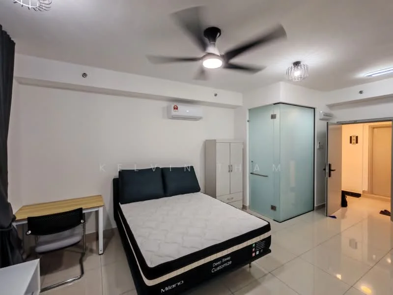 Bedroom features: queen-size bed, 5-blade ceiling fan with light, wall-mounted split AC, glass shower enclosure, white painted walls, tile flooring, study desk with chair, built-in wardrobe, door leading to hallway; style: modern.