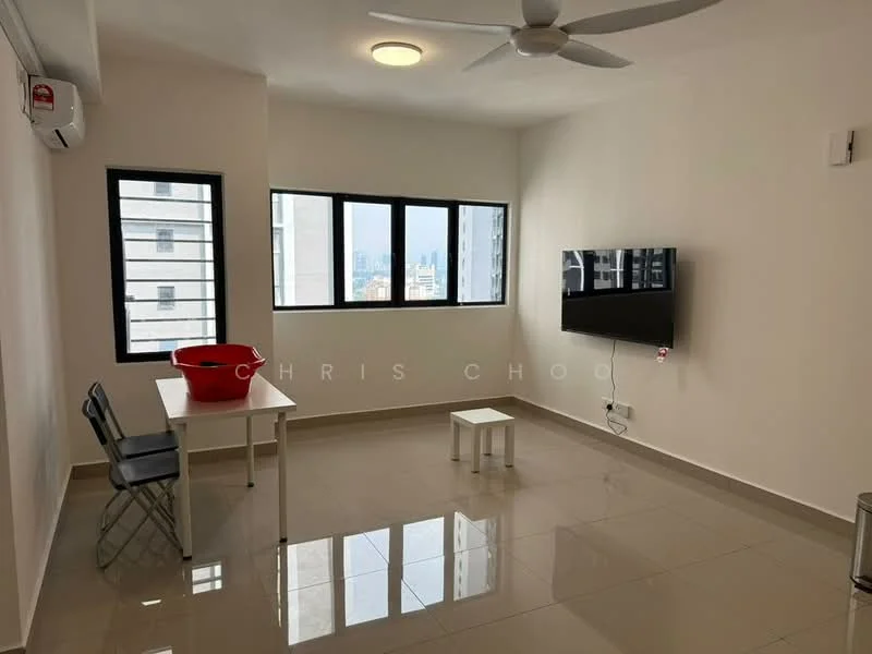 Living features: white painted walls, glossy ceramic tile flooring, 5-blade ceiling fan with light, floor-to-ceiling windows, blackout curtains, wall-mounted TV, white dining table, metal folding chair, small white stool, air conditioning unit; style: modern; view: city.