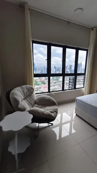 Bedroom features: floor-to-ceiling windows, city view, cream painted walls, white ceiling, tile flooring, upholstered armchair, small side table, queen-size bed, sheer curtains; style: modern; view: city.