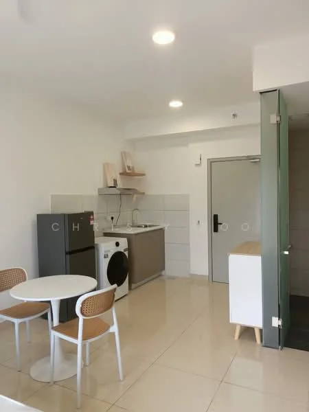 Kitchen features: white painted walls, glossy ceramic tile flooring, stainless-steel fridge, built-in oven, freestanding washing machine, single-bowl stainless-steel sink, chrome pull-down faucet, grey cabinetry, open shelving, round dining table, 2 dining chairs; style: modern.