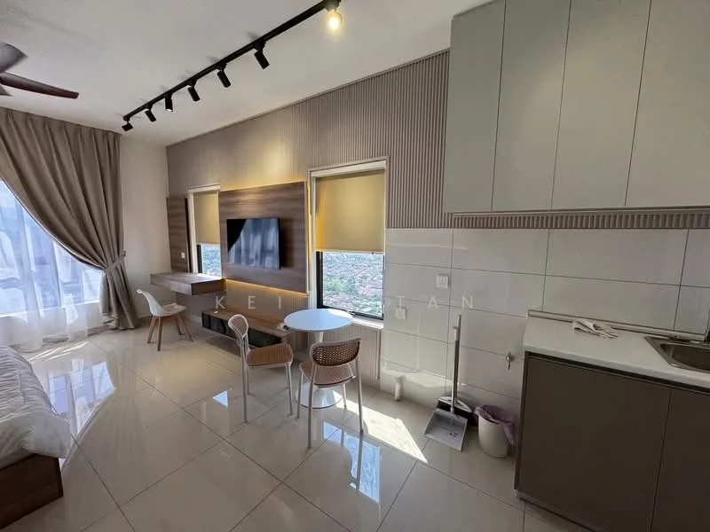 Living features: floor-to-ceiling windows, curtains, white walls, light grey cabinetry, white tiled flooring, ceiling fan, wall-mounted TV, wooden accent wall, round dining table, two dining chairs, built-in kitchen area, study desk, decorative wall paneling; style: modern; view: city.