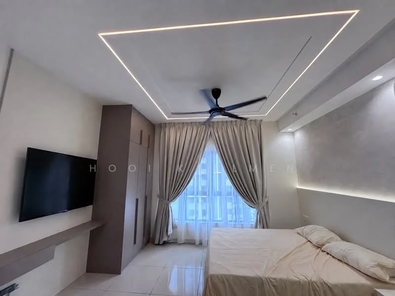 Bedroom features: king-size bed, upholstered headboard, wall-mounted TV, floating TV console, curtains, floor-to-ceiling windows, recessed LED lighting, ceiling fan with light, white painted walls, glossy tile flooring; style: modern; view: city.