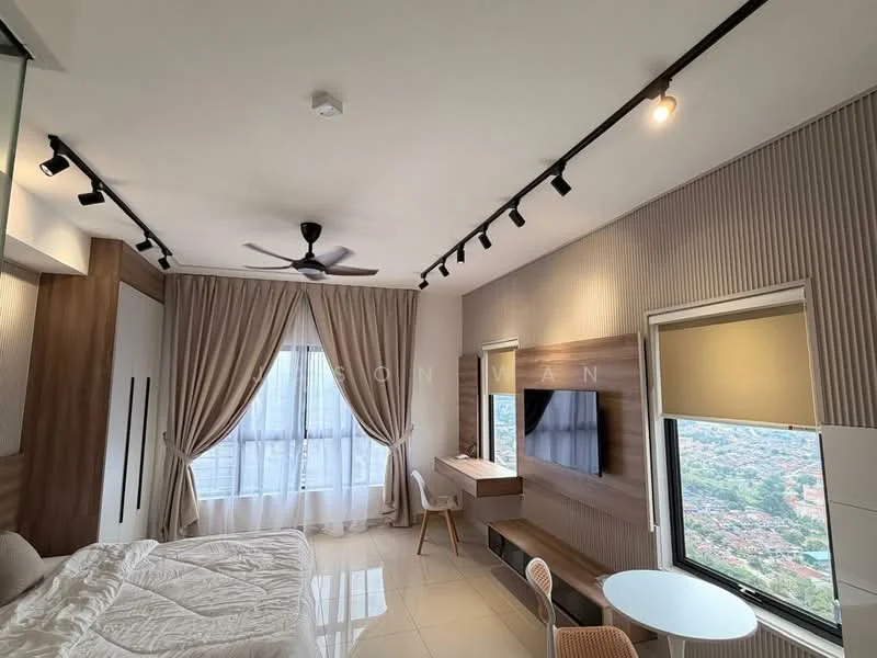 Room features: white painted walls, wood panel accent wall, floor-to-ceiling windows, sheer curtains, roller blinds, 5-blade ceiling fan with light, recessed LED downlights, wall-mounted TV, floating TV console, dining table with chairs, tile flooring, decorative wall paneling; style: modern; view: city.