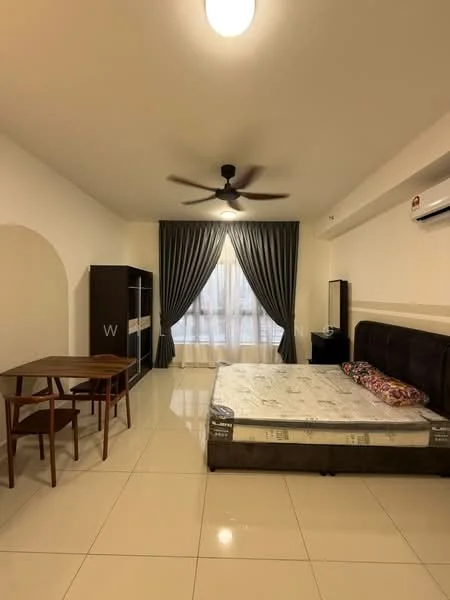 Bedroom features: king-size bed, upholstered headboard, 2 bedside tables, wooden dining table with 2 chairs, floor-to-ceiling window, sheer curtains, wall-mounted air conditioning unit, ceiling fan with light, white painted walls, glossy tile flooring; style: modern.