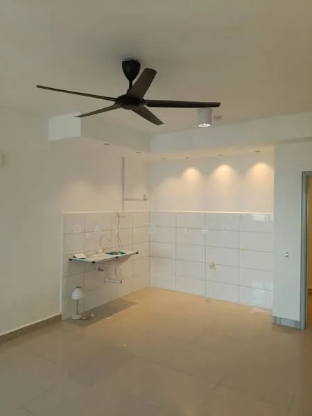 Room features: white tiled walls, polished ceramic tile flooring, 5-blade ceiling fan, recessed LED downlights, wall-mounted sink, wall-mounted faucet, open space layout; style: modern.