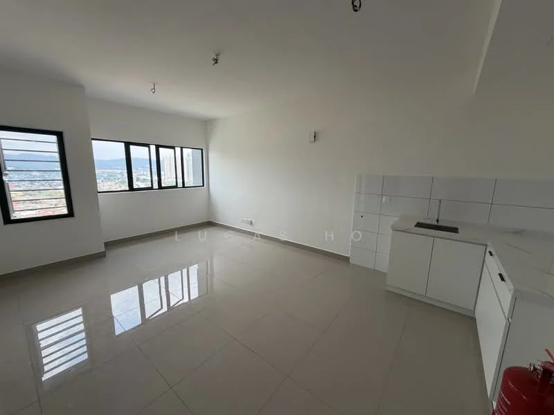 Room features: white painted walls, grey tiled flooring, floor-to-ceiling windows, kitchenette with white cabinetry, single-bowl stainless-steel sink, chrome pull-down faucet, white backsplash, open layout, natural light from windows, city view from windows; style: modern; view: city.