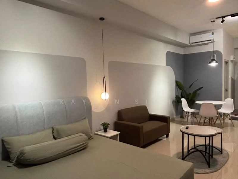 Living features: grey accent wall, light grey wall, sofa in brown, coffee table with black metal frame, pendant light, recessed downlights, floor-to-ceiling window, air conditioning unit, dining table with white chairs, indoor plant; style: modern.