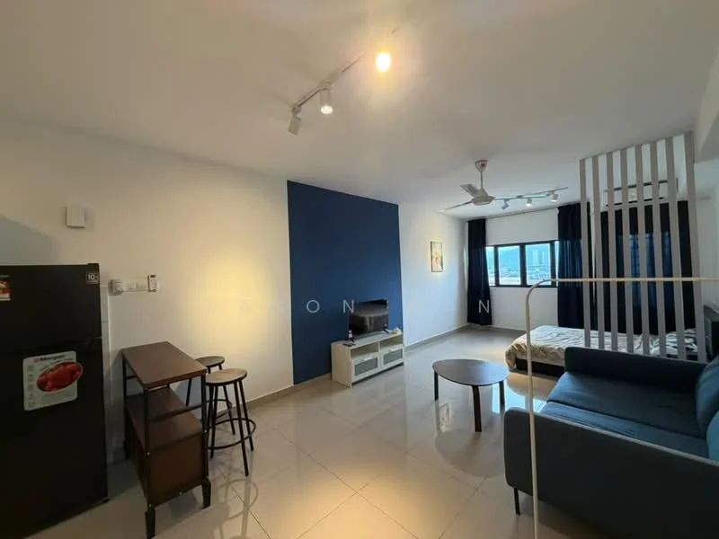 Living features: grey fabric sofa, round coffee table, TV console, wall-mounted TV, black refrigerator, bar table with two stools, white walls, blue accent wall, sliding glass door, floor-to-ceiling windows, blackout curtains, recessed downlights, ceiling fan; style: modern; view: city.