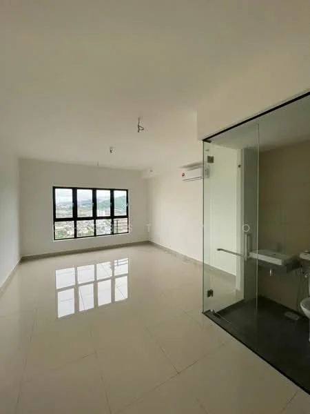 Room features: white painted walls, glossy ceramic tile flooring, floor-to-ceiling windows, 1 wall-mounted split AC, glass shower enclosure, neutral color scheme, recessed downlights, open layout; style: modern; view: city.