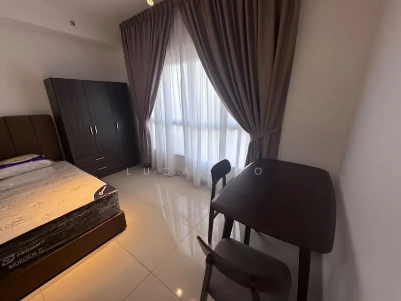 Bedroom features: queen-size bed, dark wood bed frame, mattress with protective cover, dark wood wardrobe with two doors, white walls, large window with sheer curtains, glossy tile flooring, small dark wood table, single chair, recessed ceiling lights; style: modern.