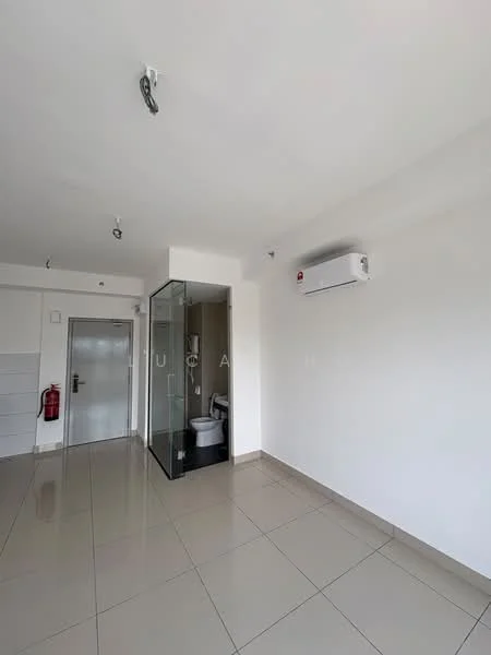 Room features: white painted walls, glossy ceramic tile flooring, 1 wall-mounted split AC, glass partition, toilet visible behind glass partition, fire extinguisher on wall, door to hallway, recessed ceiling lights; style: modern.