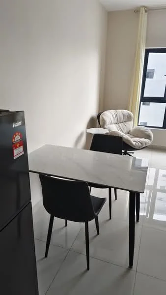 Dining features: white marble dining table, 2 black dining chairs, large window with sheer curtains, light-colored walls, glossy tile flooring, refrigerator, armchair in light fabric; style: modern.