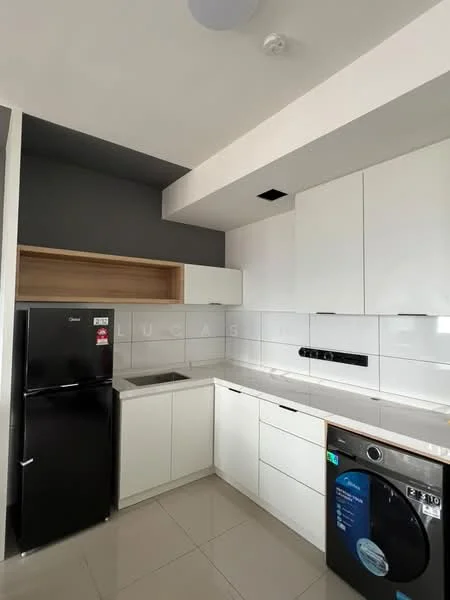 Kitchen features: white cabinetry, black countertop, stainless-steel sink, built-in oven, stainless-steel refrigerator, washing machine, ceramic tile flooring, grey accent wall, recessed downlights; style: modern.