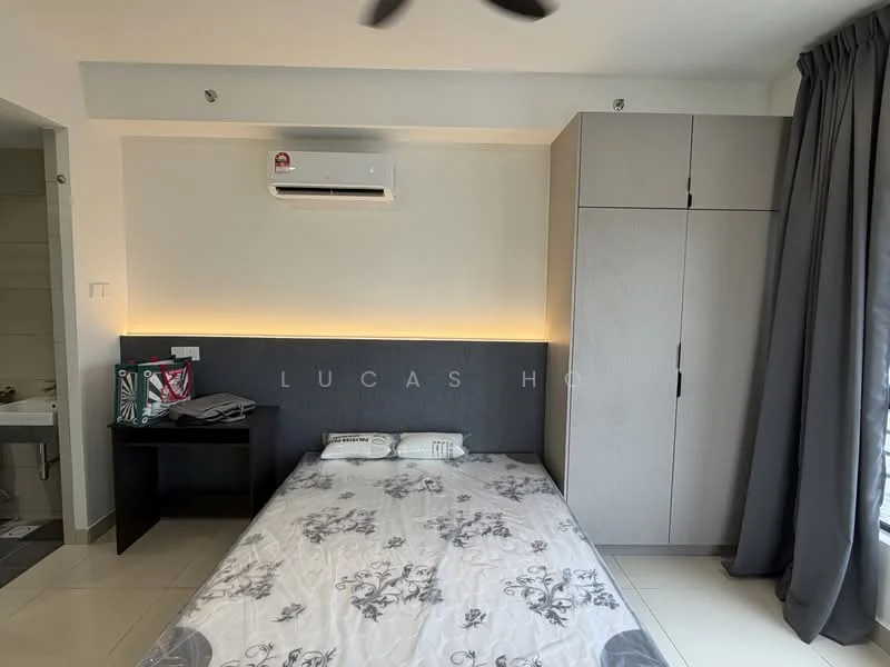 Bedroom features: queen-size bed with floral bedding, built-in wardrobe with sliding doors, wall-mounted air conditioning unit, nightstand, grey curtains, recessed lighting behind headboard, tile flooring, ceiling fan; style: modern.
