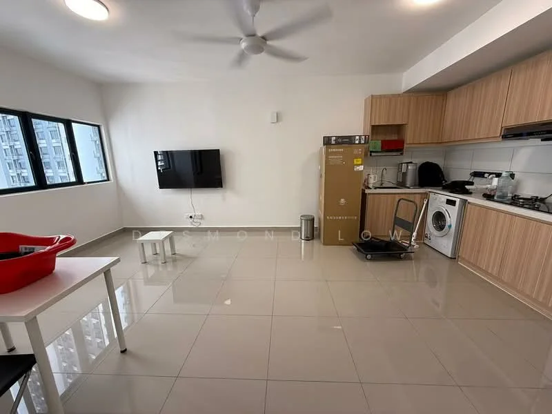 Living features: white painted walls, grey tiled flooring, 5-blade ceiling fan, wall-mounted TV, TV console, kitchen cabinetry with wood finish, stainless-steel fridge, built-in washing machine, gas stove with exhaust hood, single-bowl stainless-steel sink, countertop, dining table with white legs, red plastic basket, windows with black frames; style: modern.