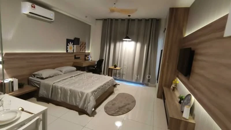 Bedroom features: king-size bed with grey bedding, wooden headboard, 2 bedside tables, table lamp, study desk with chair, wall-mounted TV, built-in wardrobe, curtains, ceiling fan, white tiled flooring, decorative wall art, area rug, wall paneling, recessed lighting; style: modern.