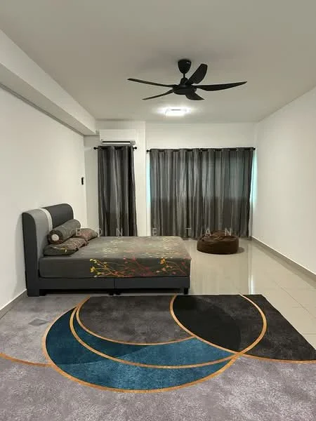 Bedroom features: queen-size bed with upholstered headboard, 3-blade ceiling fan, grey curtains, white painted walls, glossy tile flooring, area rug with circular pattern, decorative cushions on bed, floor-to-ceiling window, natural light from window; style: modern.