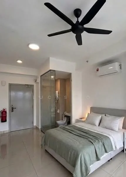 Bedroom features: queen-size bed with grey bedding, upholstered headboard, 2 bedside pillows, ceiling fan with 3 blades, wall-mounted air conditioning unit, glass shower enclosure, toilet, white painted walls, tile flooring, fire extinguisher mounted on wall, recessed ceiling lights; style: modern.