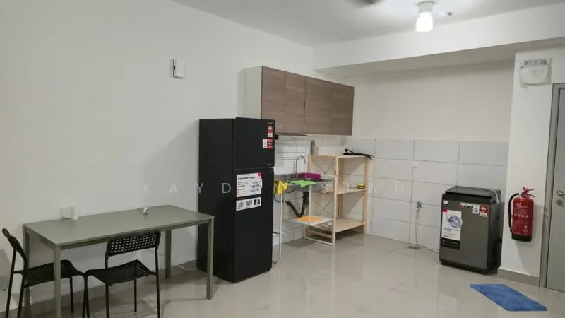 Kitchen features: grey cabinets, white tiled backsplash, stainless-steel fridge, open shelving, black dining table, 4 black chairs, grey countertop, ceramic tile flooring, fire extinguisher, sink, kitchen utensils on shelf, wall-mounted light, ceiling fan; style: modern.