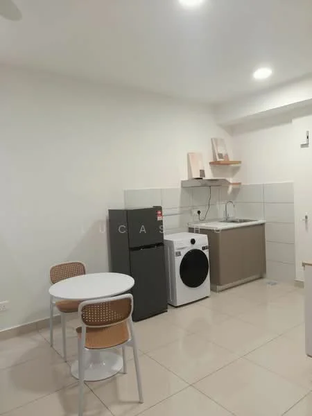 Kitchen features: white painted walls, cream cabinetry, grey countertop, single-bowl stainless-steel sink, chrome pull-down faucet, built-in washing machine, stainless-steel fridge, ceramic tile flooring, recessed downlights, open shelving, round dining table, two rattan dining chairs; style: modern.