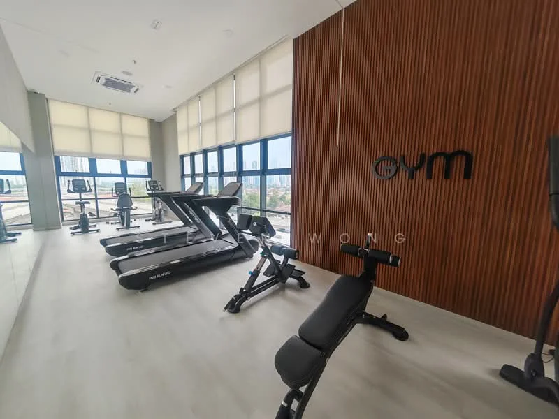 Gym features: treadmill, exercise bike, weight bench, free weights, large windows, wood panel accent wall, light-colored flooring, air conditioning unit, mirrored wall, gym signage, natural light; style: modern; view: city.