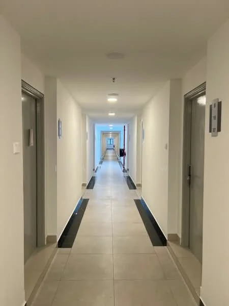 Hallway features: white painted walls, tile flooring, recessed lighting, numbered door plaques, grey doors, black accent tiles, wide corridor, smooth ceiling; style: modern.