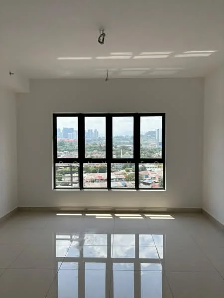 Room features: white painted walls, glossy ceramic tile flooring, large floor-to-ceiling windows, city skyline view, recessed ceiling lights; style: modern; view: city.