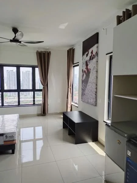 Living features: floor-to-ceiling windows, black TV console, light grey walls, cream curtains, white ceiling, 5-blade ceiling fan, glossy tile flooring, decorative wall art; style: modern; view: city.