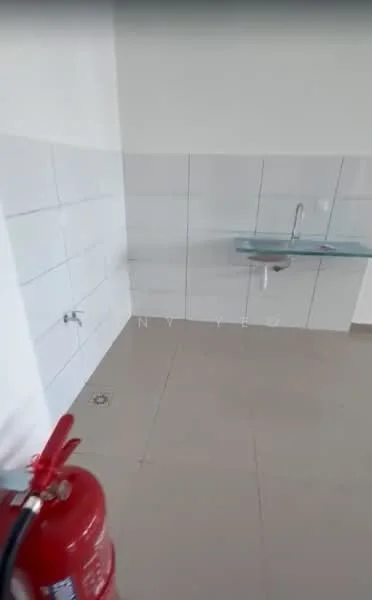 Laundry features: white tiled walls, light grey floor tiles, single-bowl stainless-steel sink, glass countertop, fire extinguisher, water supply faucet, drainage outlet.