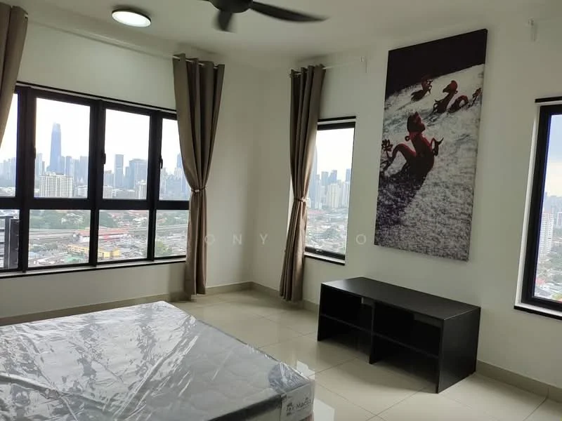 Bedroom features: floor-to-ceiling windows, blackout curtains, light grey walls, cream tiled flooring, 5-blade ceiling fan, decorative wall art, black TV console, unmade bed with mattress; style: modern; view: city.