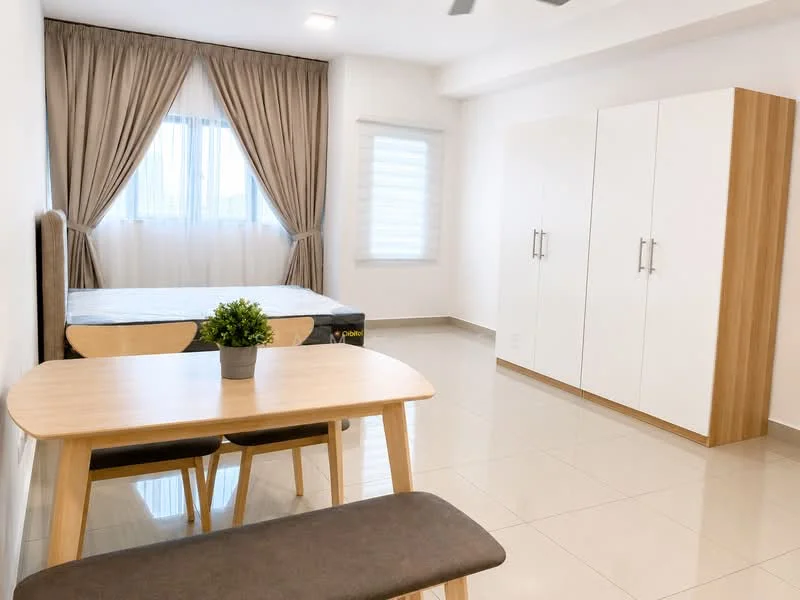 Bedroom features: queen-size bed, upholstered headboard, white walls, cream curtains, floor-to-ceiling window, built-in wardrobe with white doors, dining table with wooden surface, bench seating, tile flooring, ceiling fan; style: modern.