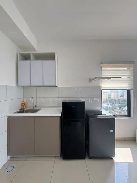 Kitchen features: single-bowl stainless-steel sink, chrome pull-down faucet, white countertop, light grey cabinetry, black fridge, silver fridge, white tiled backsplash, window with roller blinds, tile flooring, wall-mounted shelving; style: modern; view: city.