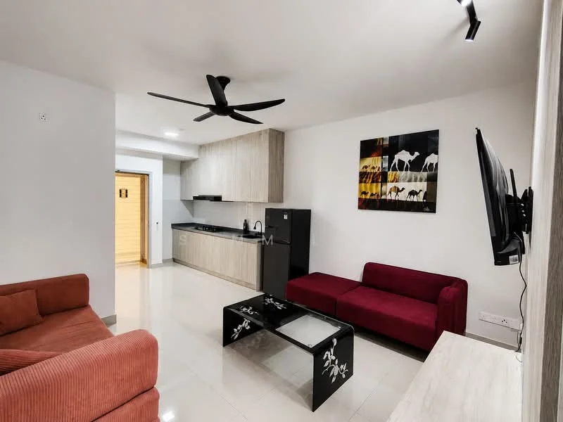 Living features: 3-seater fabric sofa in red, 2-seater fabric sofa in beige, glass coffee table, wall-mounted TV, ceiling fan, recessed downlights, white painted walls, tile flooring, decorative artwork on wall, black refrigerator, kitchenette with wooden cabinetry; style: modern. Kitchen features: black countertop, wooden cabinetry, stainless-steel sink, built-in stove, tile backsplash; style: modern.