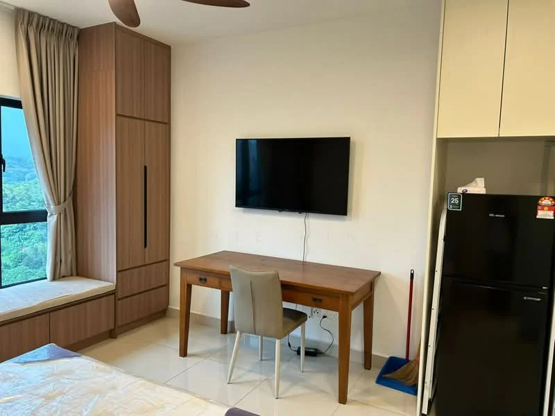 Room features: wooden cabinetry, built-in wardrobe, window with view, desk with wooden surface, chair with upholstered seat, wall-mounted TV, black refrigerator, light-colored tiled flooring, curtains, ceiling fan; style: modern; view: mountain.