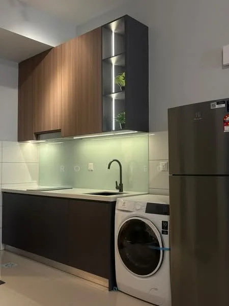 Kitchen features: dark cabinetry with wood accents, white countertop, single-bowl stainless-steel sink, chrome pull-down faucet, built-in oven, front-load washing machine, stainless-steel fridge, glass backsplash, recessed lighting, open shelving with decorative plants; style: modern.