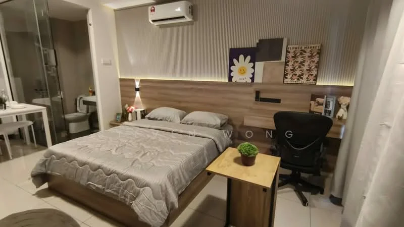 Bedroom features: queen-size bed with grey bedding, wooden bed frame, wood panel accent wall, recessed LED lighting, wall-mounted artwork, study desk with chair, small potted plant on bedside table, air conditioning unit, floor-to-ceiling mirror, tile flooring; style: modern. Bathroom features: toilet, glass shower enclosure, sink with vanity, tile flooring. Dining features: small dining table for two, white chairs.