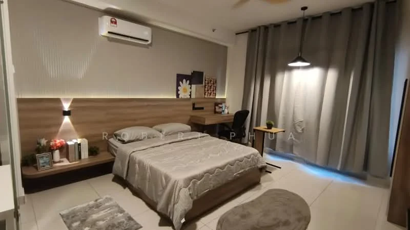 Bedroom features: queen-size bed with grey bedding, wooden headboard, 2 bedside tables, desk with chair, wall-mounted air conditioning unit, recessed lighting, pendant light, floor-to-ceiling curtains, light grey wall, cream tiled flooring, decorative wall art, area rug; style: modern.