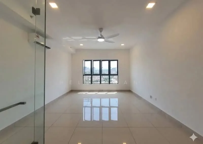 Room features: white painted walls, polished ceramic tile flooring, 5-blade ceiling fan with light, floor-to-ceiling windows, natural light from windows, city view, recessed downlights; style: modern; view: city.