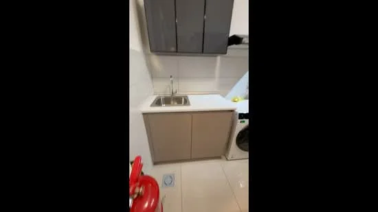 Kitchen features: single-bowl stainless-steel sink, chrome pull-down faucet, white quartz countertop, grey upper cabinets, beige lower cabinets, built-in washing machine, ceramic tile flooring, fire extinguisher, wall-mounted storage; style: modern.